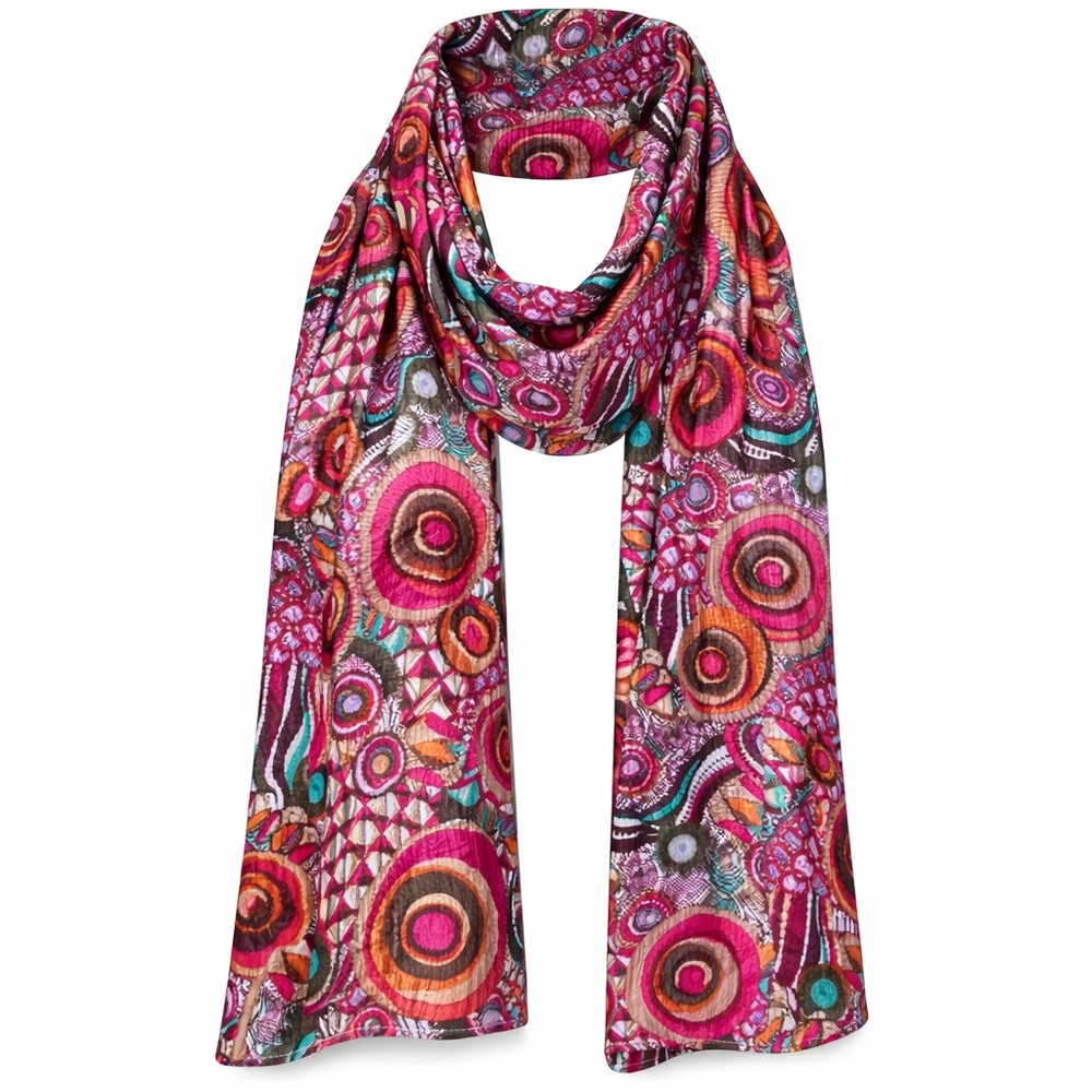 Retro Psychedelic Medallion Print Scarf Pink Orange Teal Brown Boho Festival - Picture 2 of 7